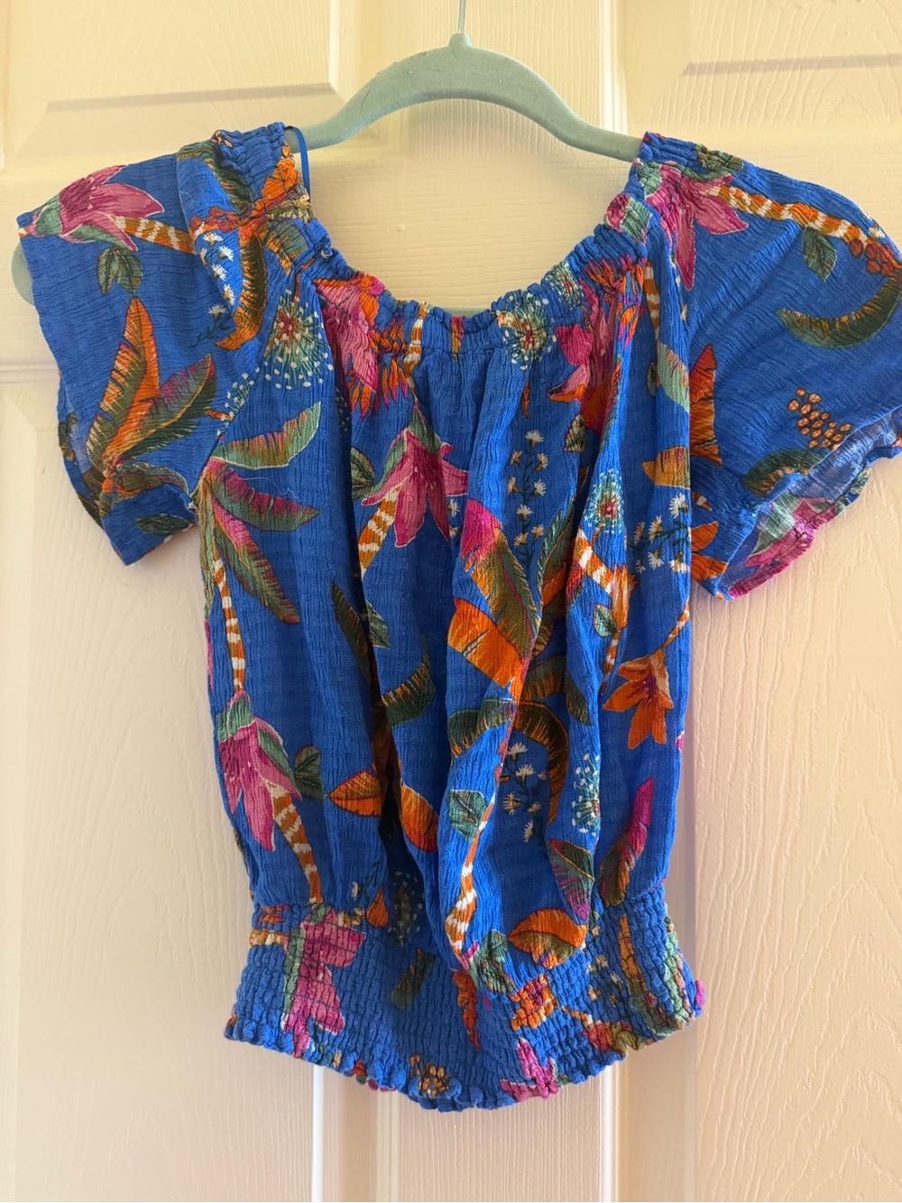 RACHEL Rachel Roy Royal Blue Tropical Floral Off-Shoulder Smocked Top